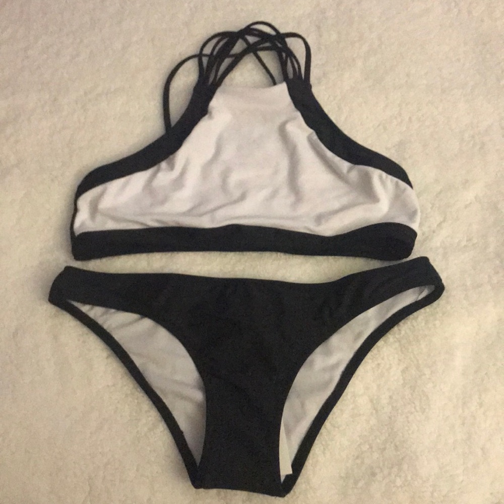 Black and White Halter Bikini Set